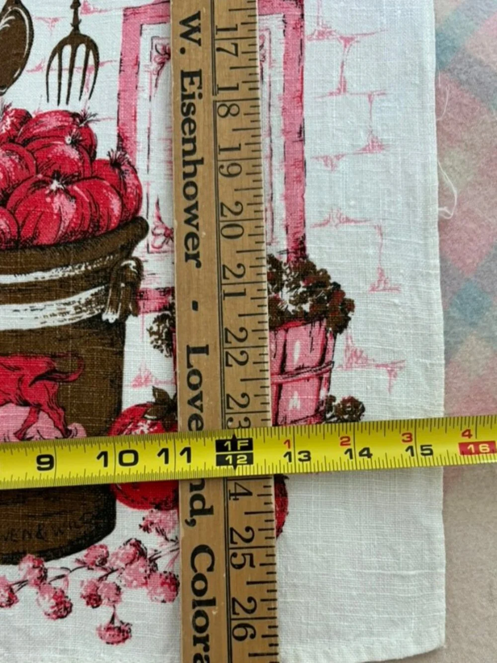 Vintage linen tea towel red brown design with kitchen utensils